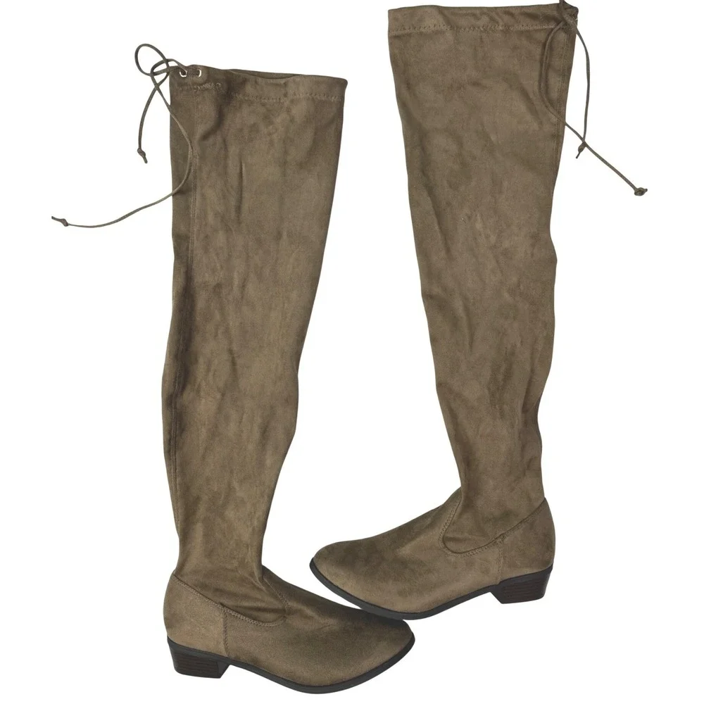 Womens Taupe Faux Suede Over The Knee OTK Boots Low Block Heel Back Tie Sz 8.5